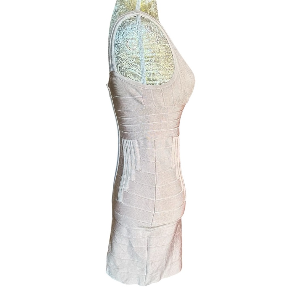 Sexy Stretch Beige Cream Heavy Bandage Mini Dress Plunge Neck Club Size Large - Picture 2 of 10